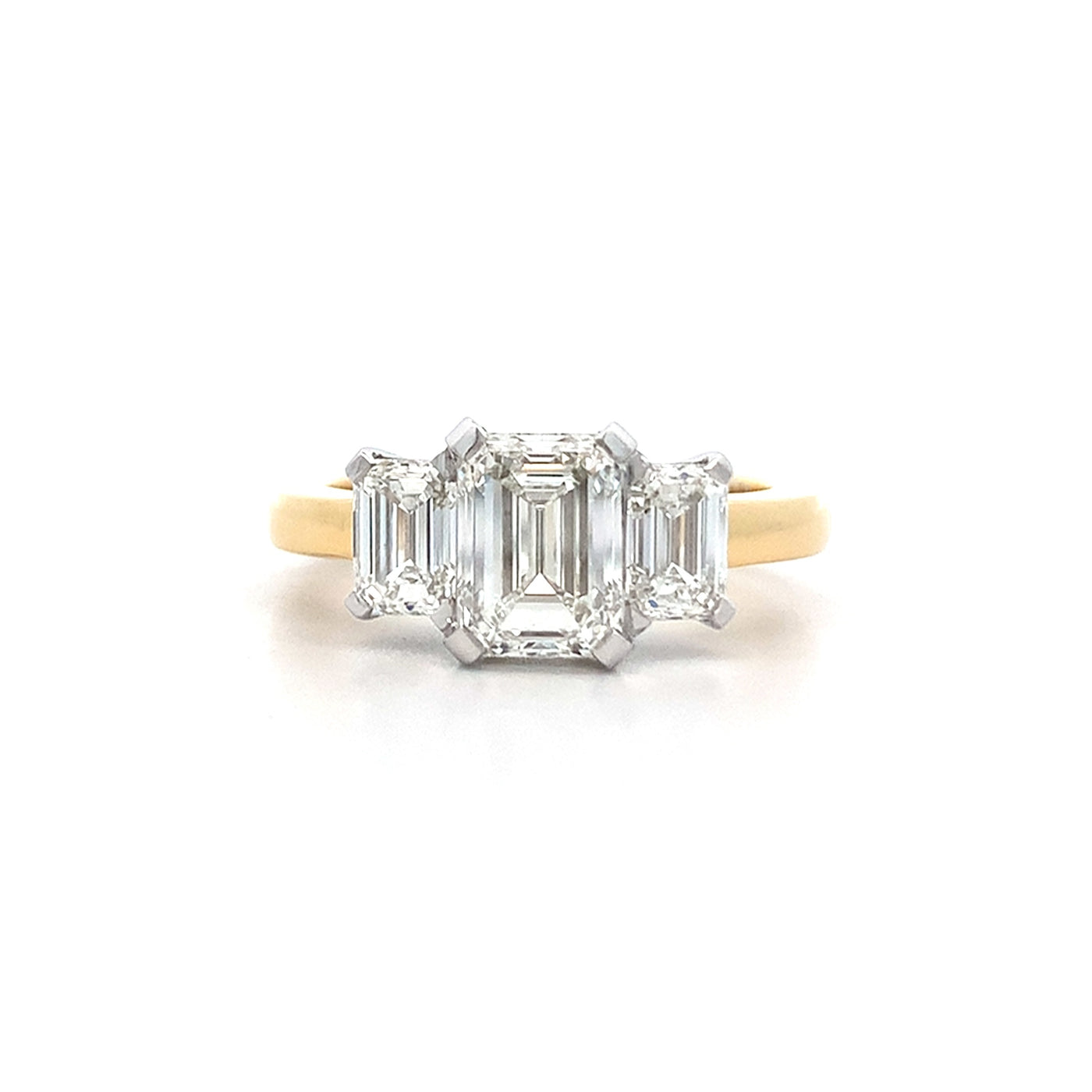 Emerald Cut Diamond Three Stone Ring in Yellow Gold | 2.51ctw
