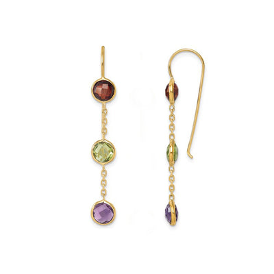 Triple Drop Garnet, Peridot and Amethyst Drop Earrings in Yellow Gold