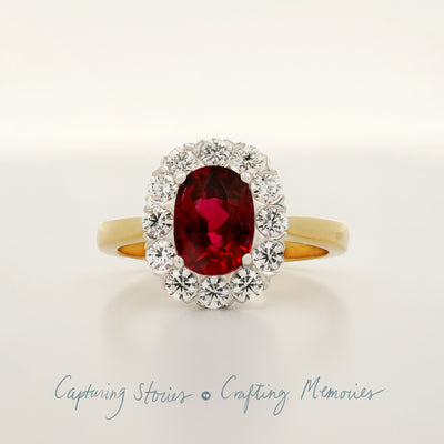 Ruby and Diamond Halo Ring in Yellow Gold | 2.72ctw
