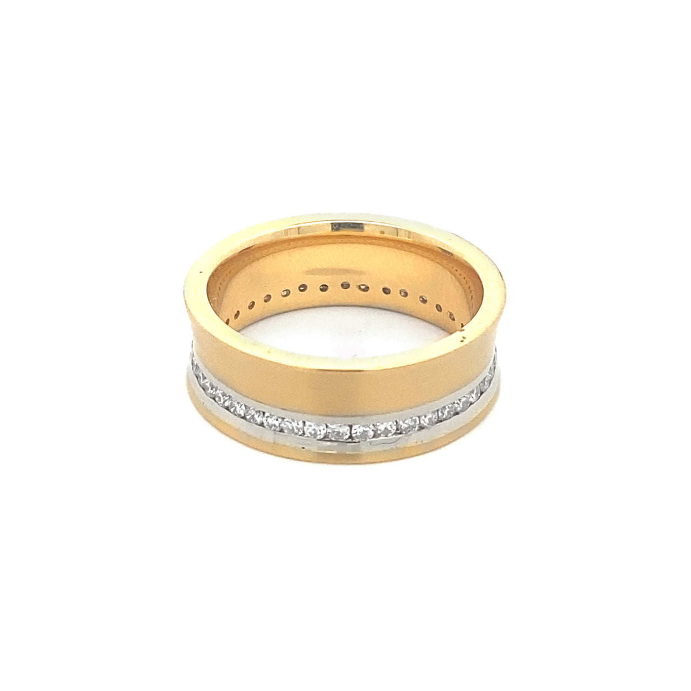 Yellow and White Gold Concave Channel Set Diamond Eternity Ring
