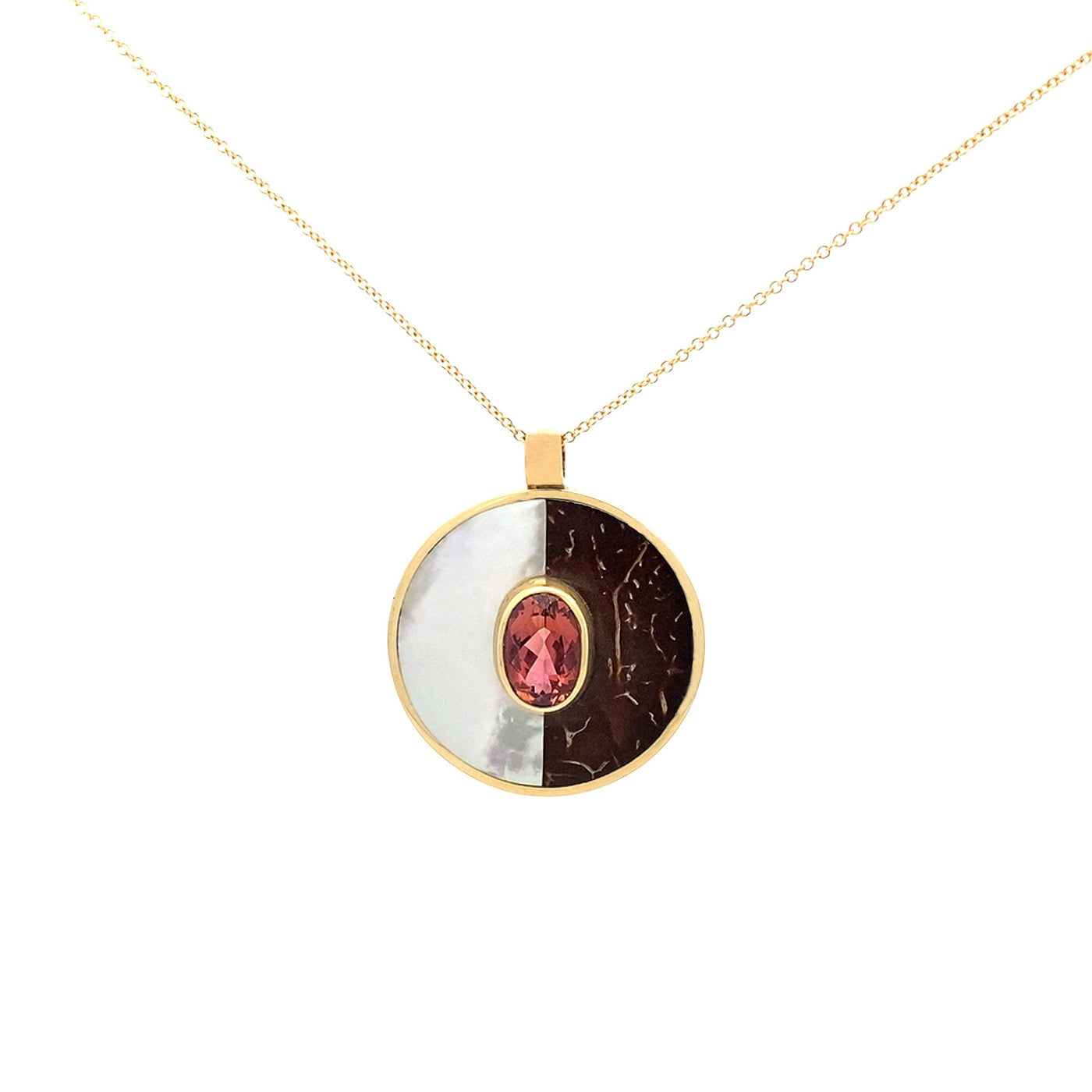 Nucifera: Tourmaline, Mother of Peral and Coconut Shell Pendant in Yellow Gold