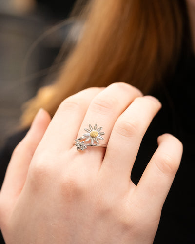 Sterling silver and gold plated daisy and bee dress ring