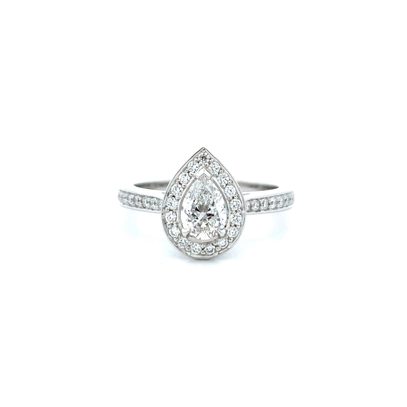 Pear Cut Diamond Halo Ring with Diamond Shoulders in Platinum