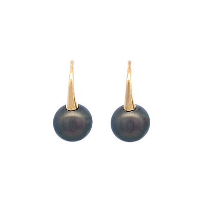 Black South Sea Pearl Drop Earrings in Yellow Gold | 10.00mm