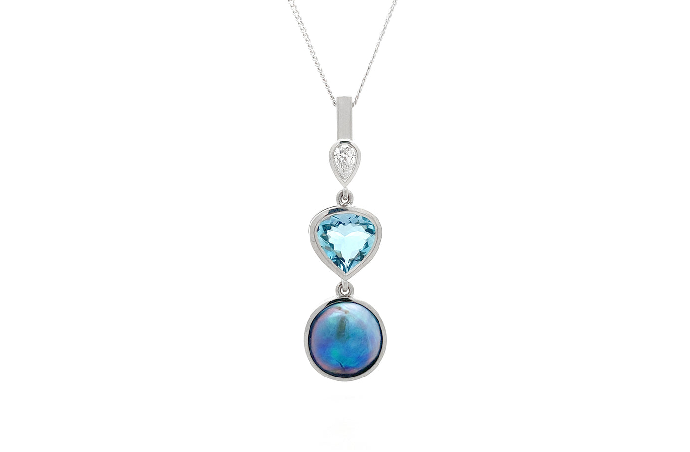 Diamond, Aquamarine & Paua Pearl Drop Pendant in White Gold