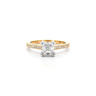 Square Emerald Cut Diamond Solitaire Ring with Diamond Band in Yellow Gold | 1.30ctw