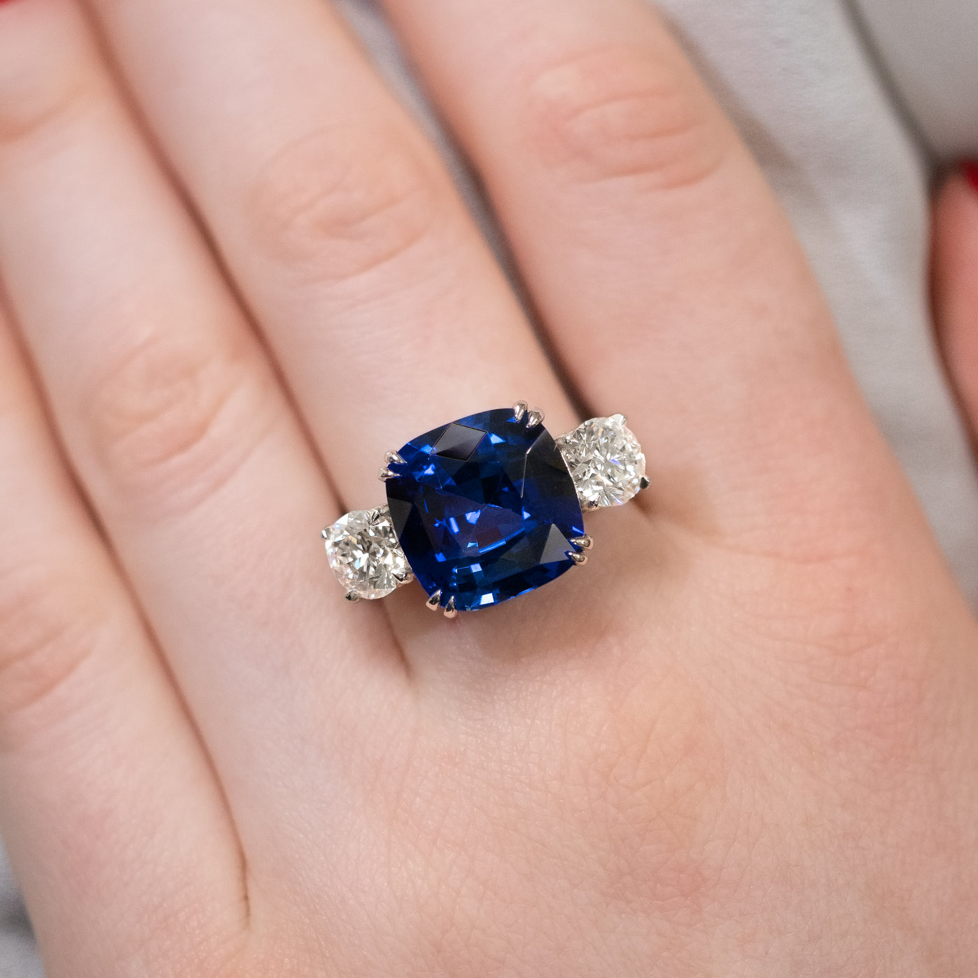 Sapphire & Diamond Three Stone Ring in Platinum | 12.24ctw