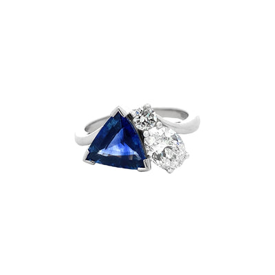 Sapphire and Diamond Three Stone Cluster Ring in Platinum