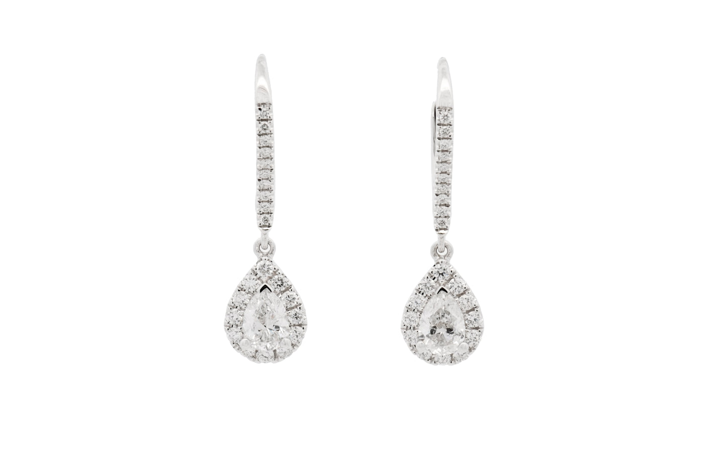 Pear Cut Diamond Halo Leverback Earrings White Gold | 1.48ctw