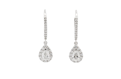 Pear Cut Diamond Halo Leverback Earrings White Gold | 1.48ctw