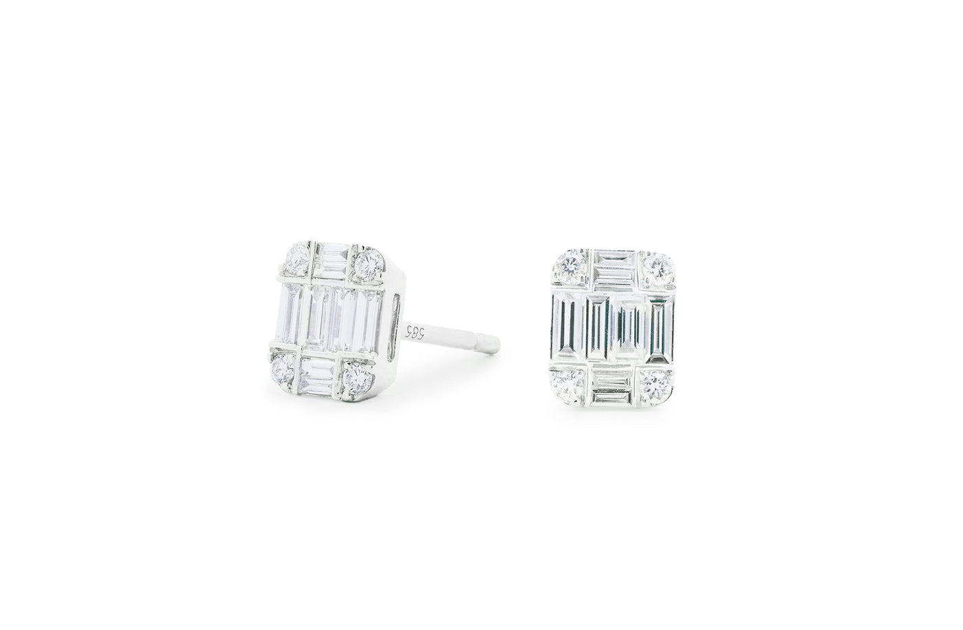 Baguette and Brilliant Cut Diamond Cluster Earrings in White Gold | 0.38ctw