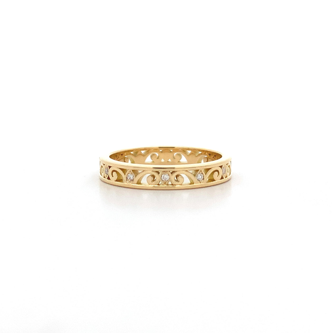 Brilliant Cut Diamond Set Filigree Eternity Ring in Yellow Gold