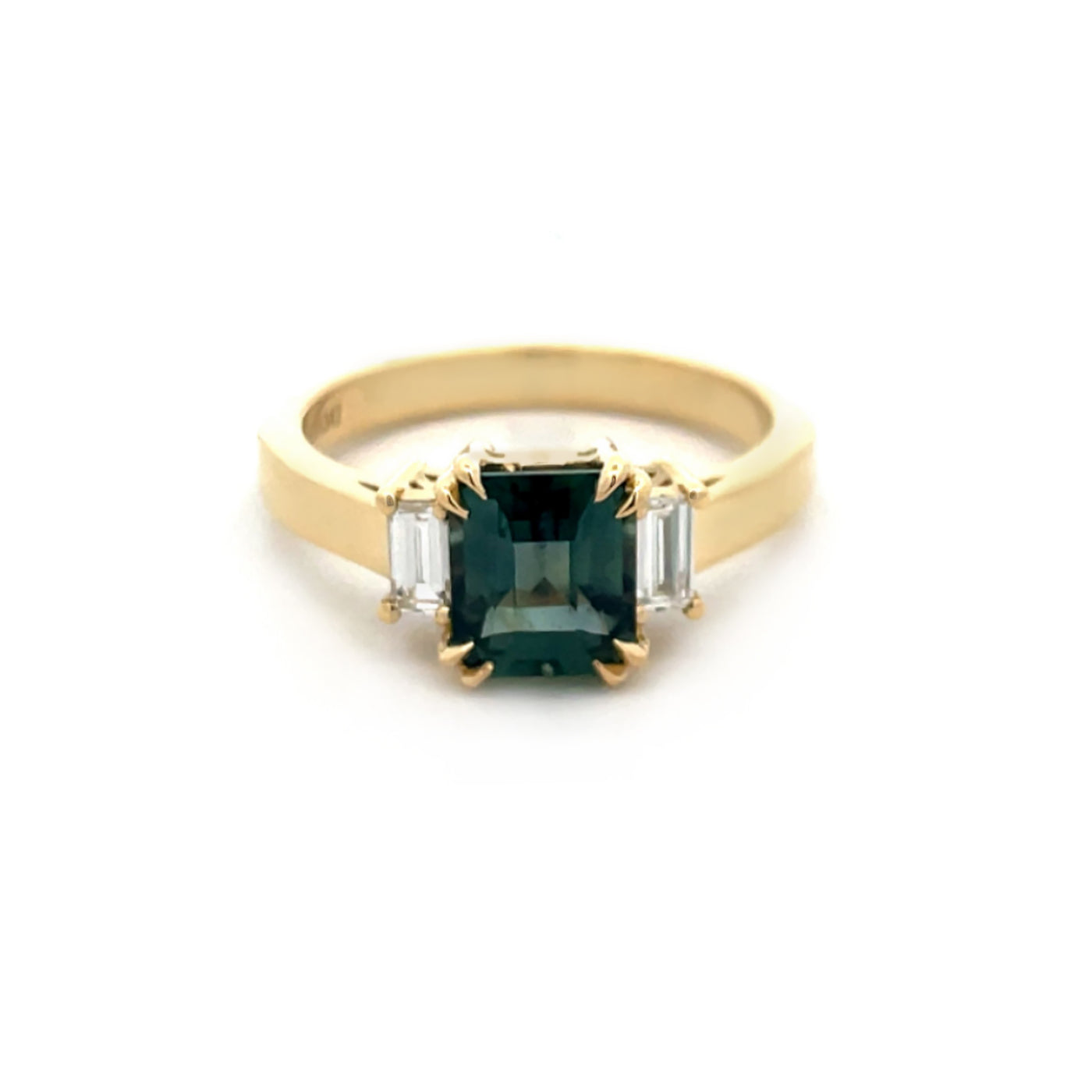 Green Sapphire and Diamond Three Stone Ring in Yellow Gold | 1.93ct