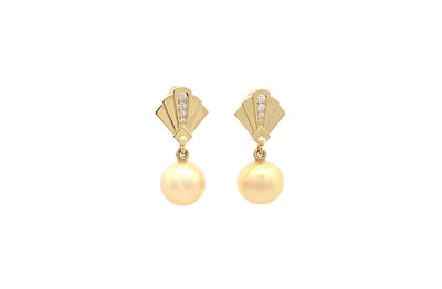 Deco-Style Golden South Sea Pearl and Diamond Earrings Yellow Gold