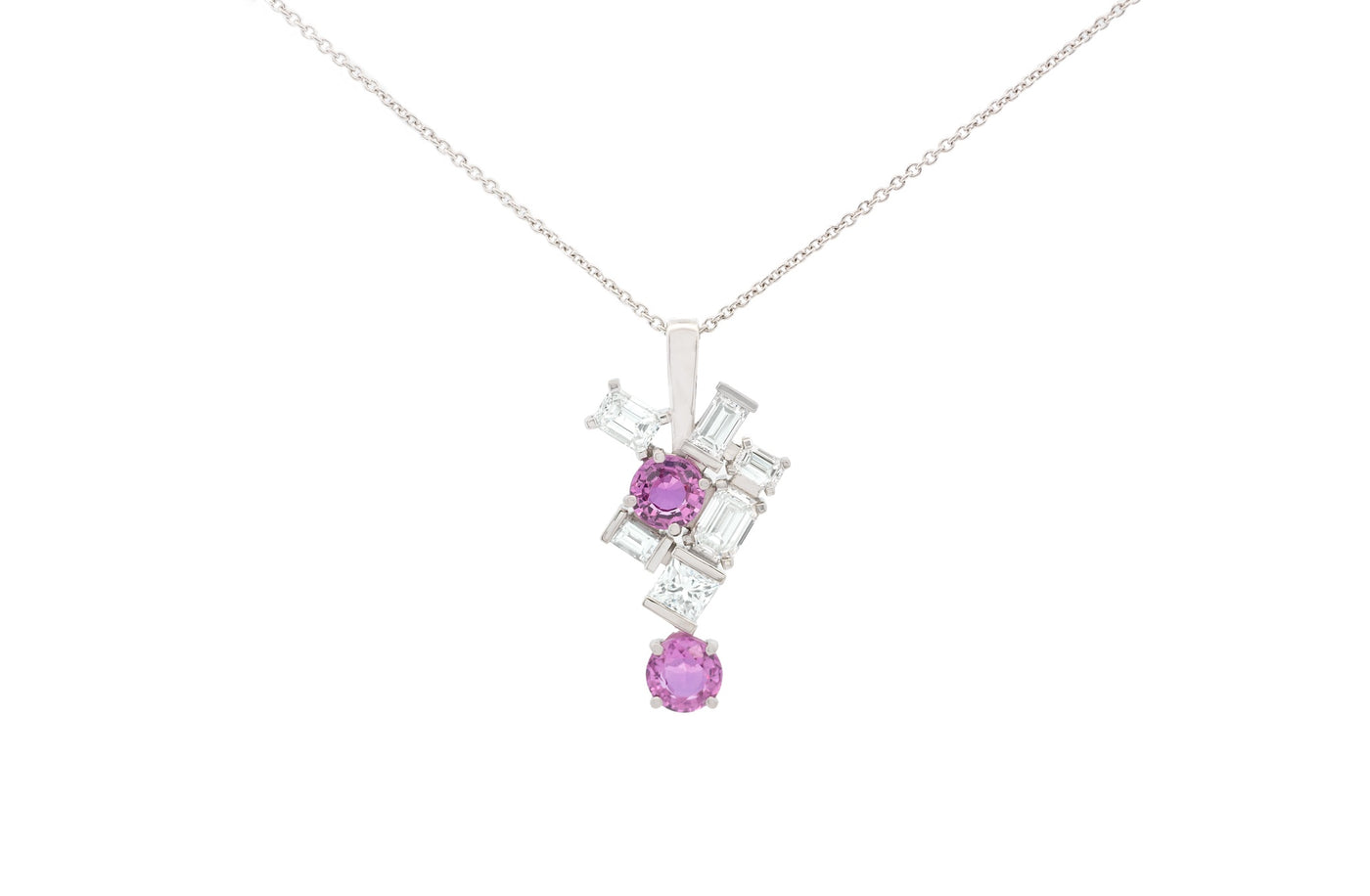 Pink Sapphire and Diamond Drop Pendant in Platinum