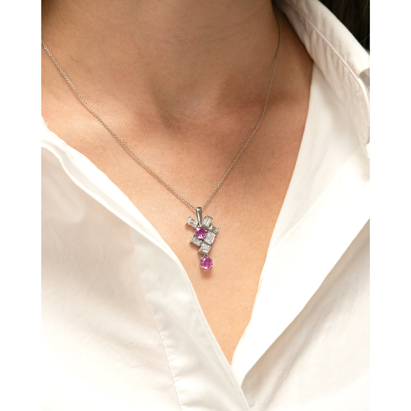 Pink Sapphire and Diamond Drop Pendant in Platinum