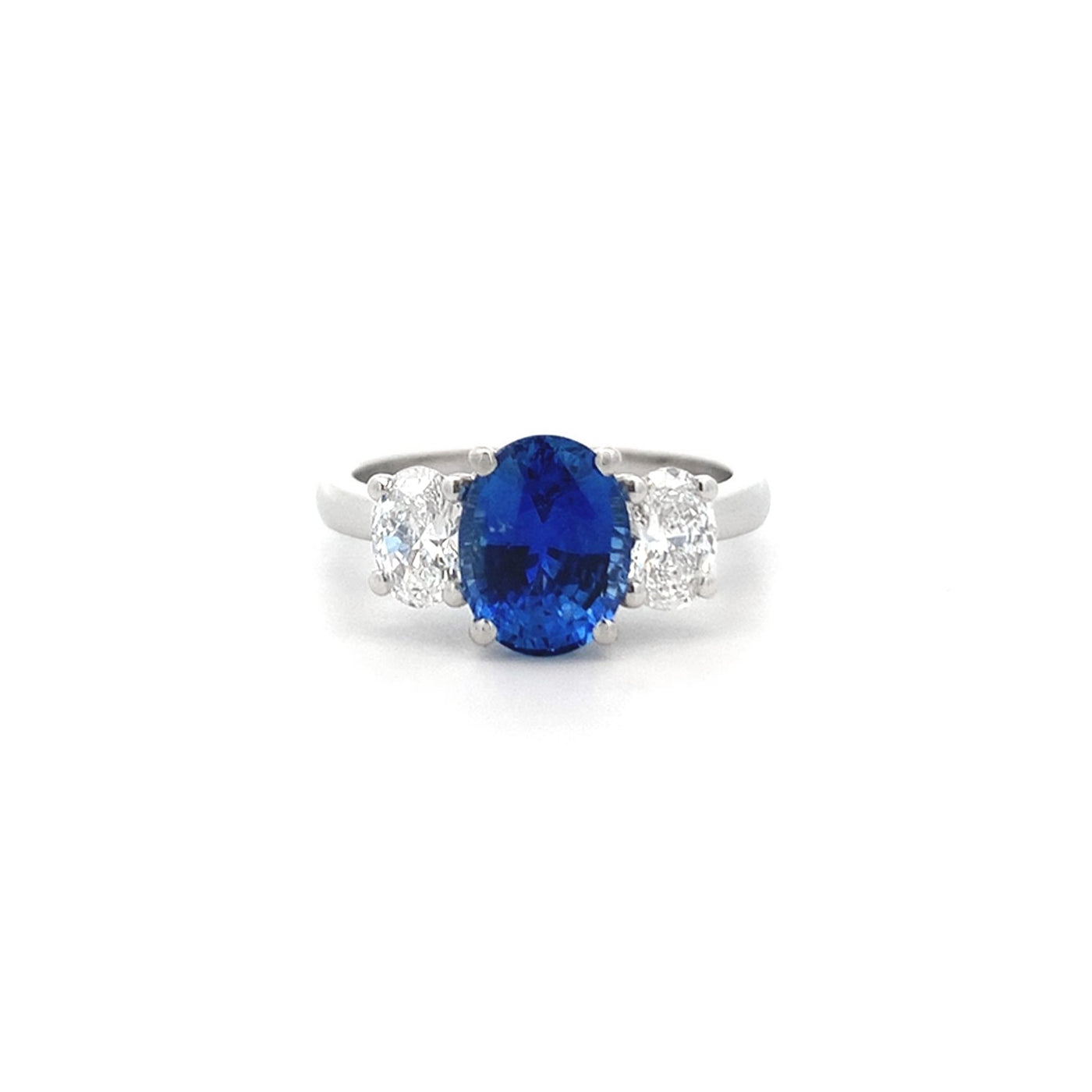 Oval Cut Sapphire and Diamond Three Stone in Platinum | 2.18ct