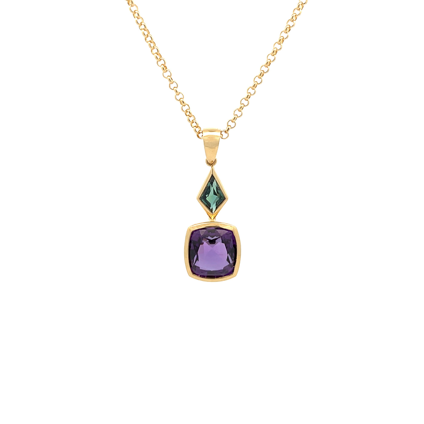 Sapphire and Amethyst Drop Pendant in Yellow Gold | 12.83ctw