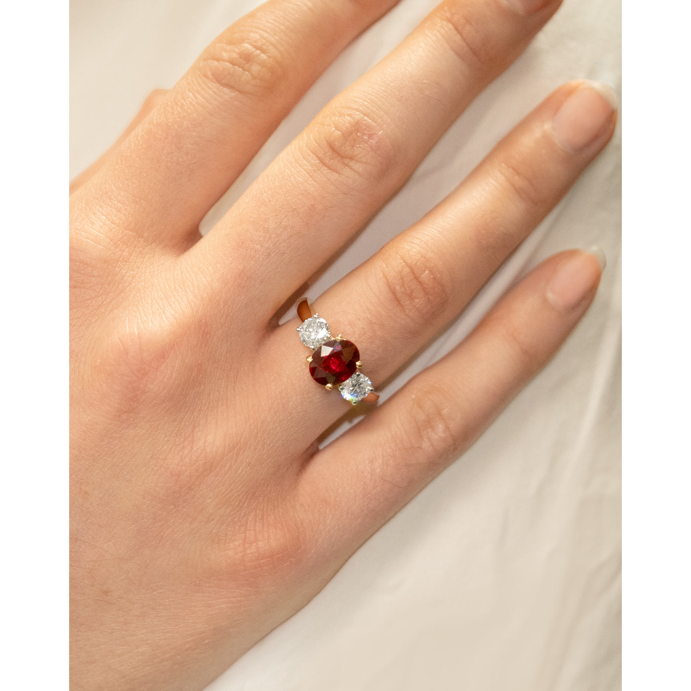 Ruby and Diamond Three Stone Ring in Yellow Gold | 2.49ct