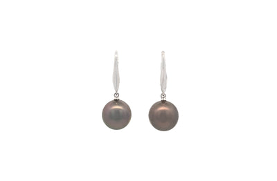 Avaiki Black Round Pearl Drop Earrings in White Gold | 10.00mm