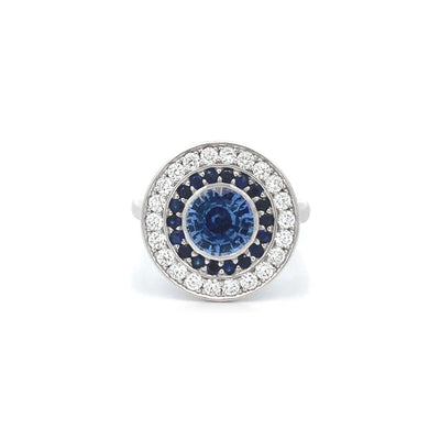 Aegis: Sapphire and Diamond Double Halo Ring in Platinum