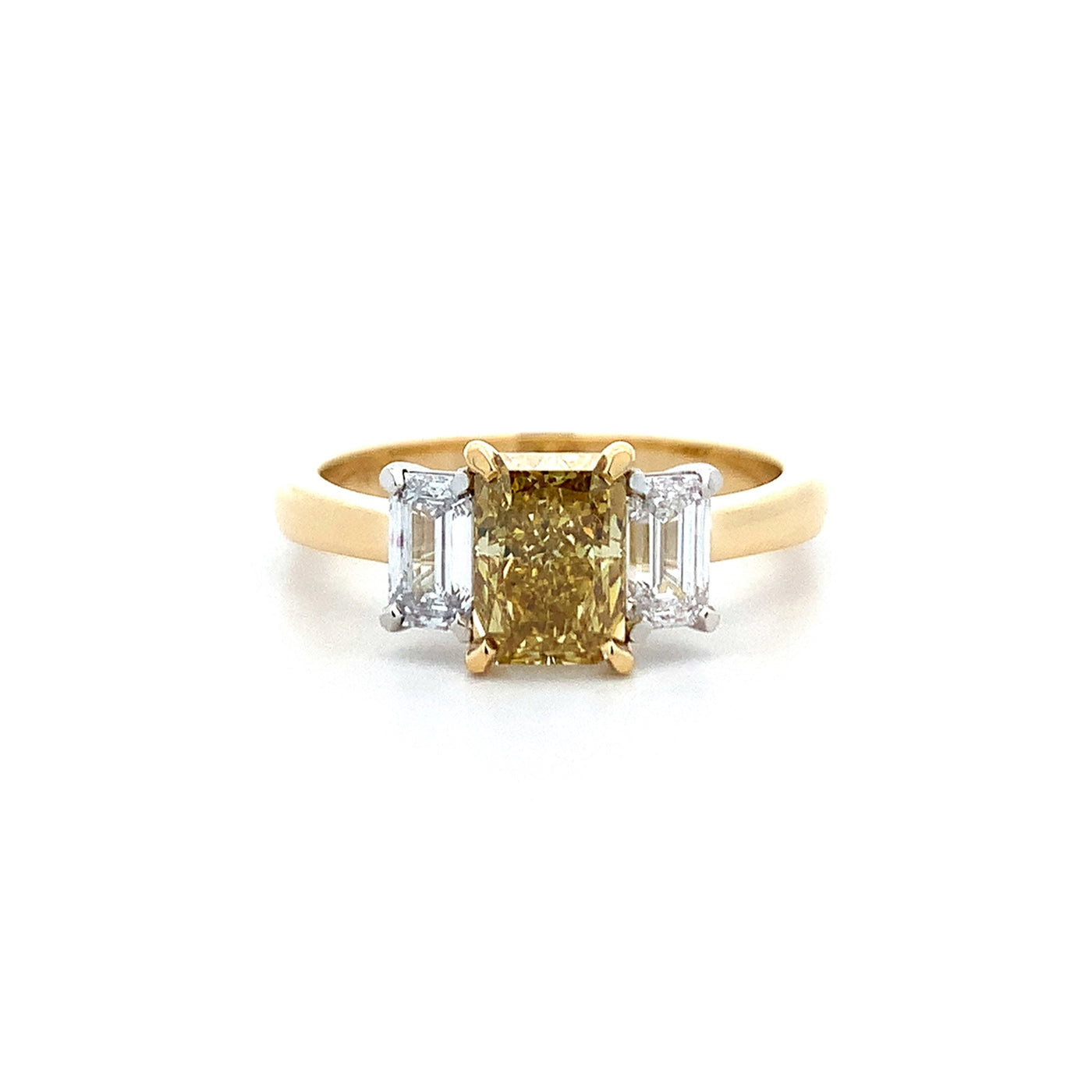 Harmony: Radiant Cut Cognac Diamond Three Stone Ring in Yellow Gold