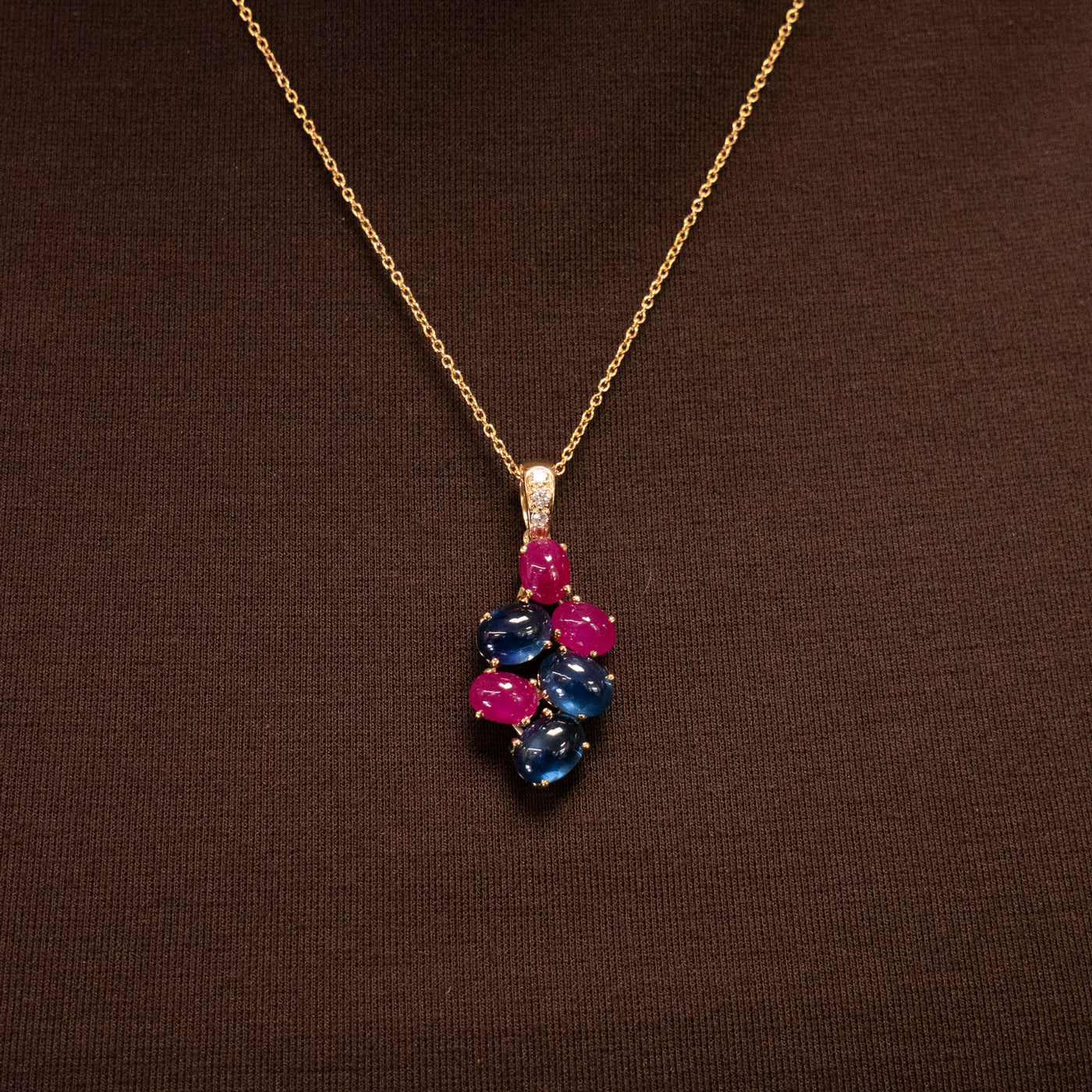 Cabochon Ruby and Sapphire Cluster Necklace in Yellow Gold