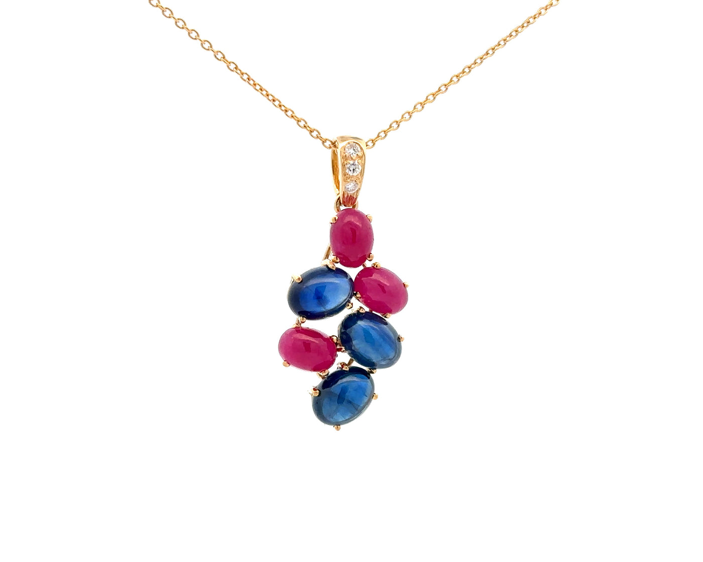 Cabochon Ruby and Sapphire Cluster Necklace in Yellow Gold