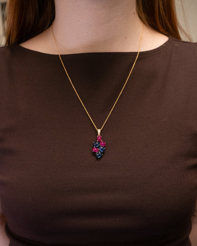 Cabochon Ruby and Sapphire Cluster Necklace in Yellow Gold