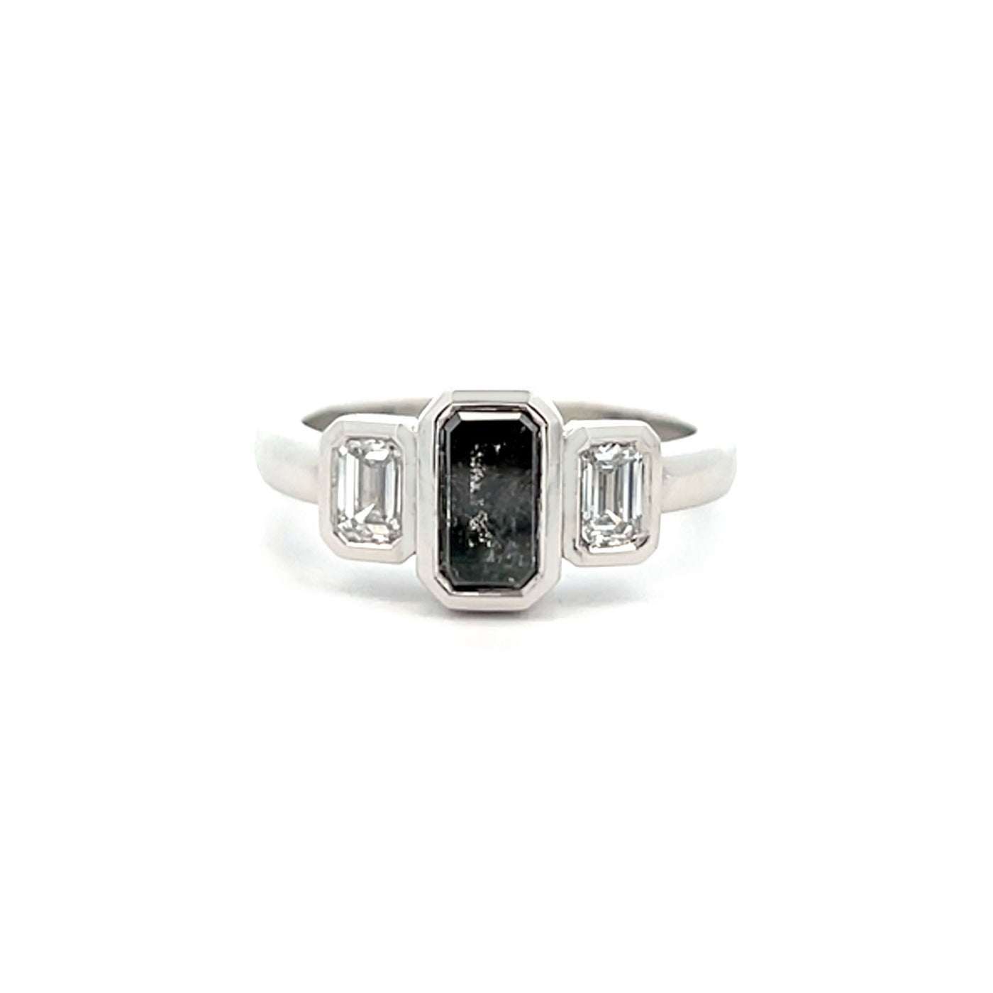 Natural emerald cut salt and pepper diamond and emerald cut diamond three stone ring in platinum