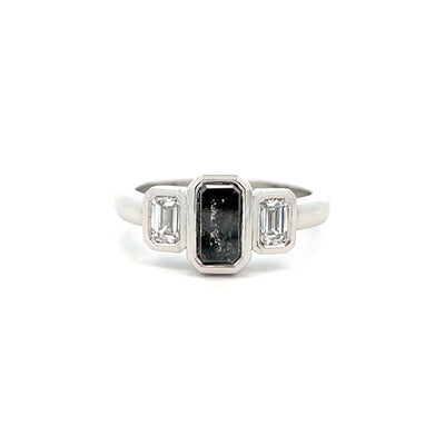 Natural emerald cut salt and pepper diamond and emerald cut diamond three stone ring in platinum