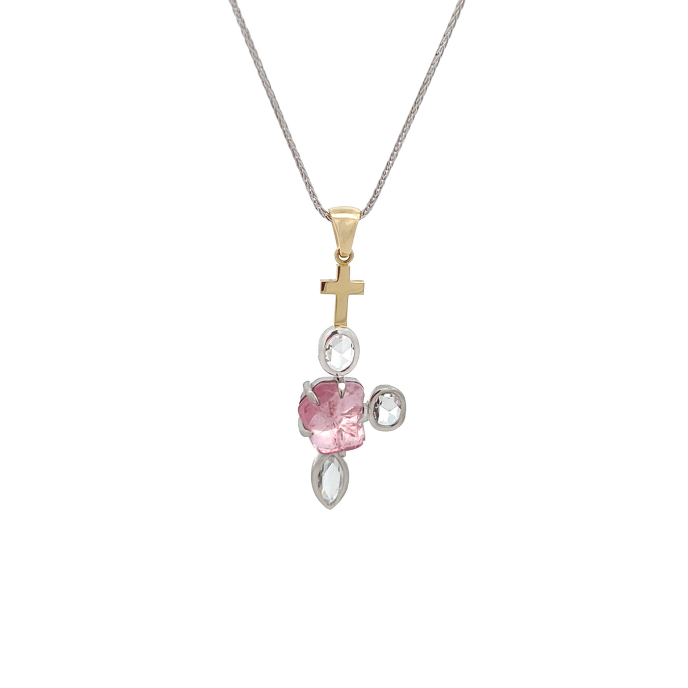 Morganite and Diamond Drop Cross Pendant in Yellow Gold and Platinum | 6.14ctw
