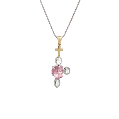 Morganite and Diamond Drop Cross Pendant in Yellow Gold and Platinum | 6.14ctw
