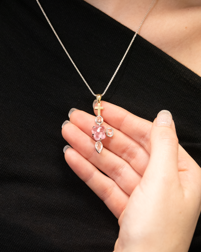 Morganite and Diamond Drop Cross Pendant in Yellow Gold and Platinum | 6.14ctw
