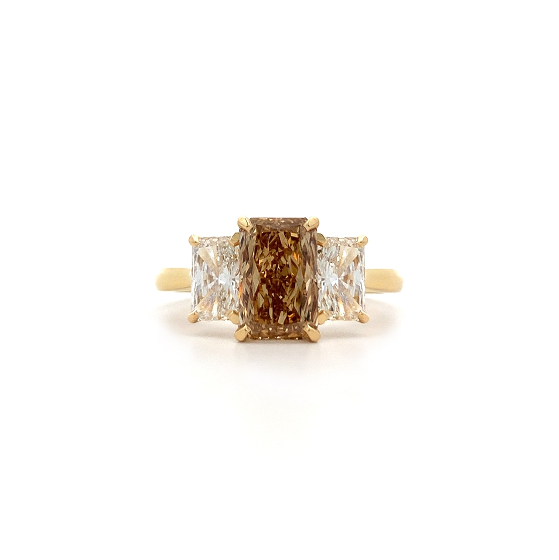 Radiant Cut Cognac Diamond Three Stone Ring in Yellow Gold