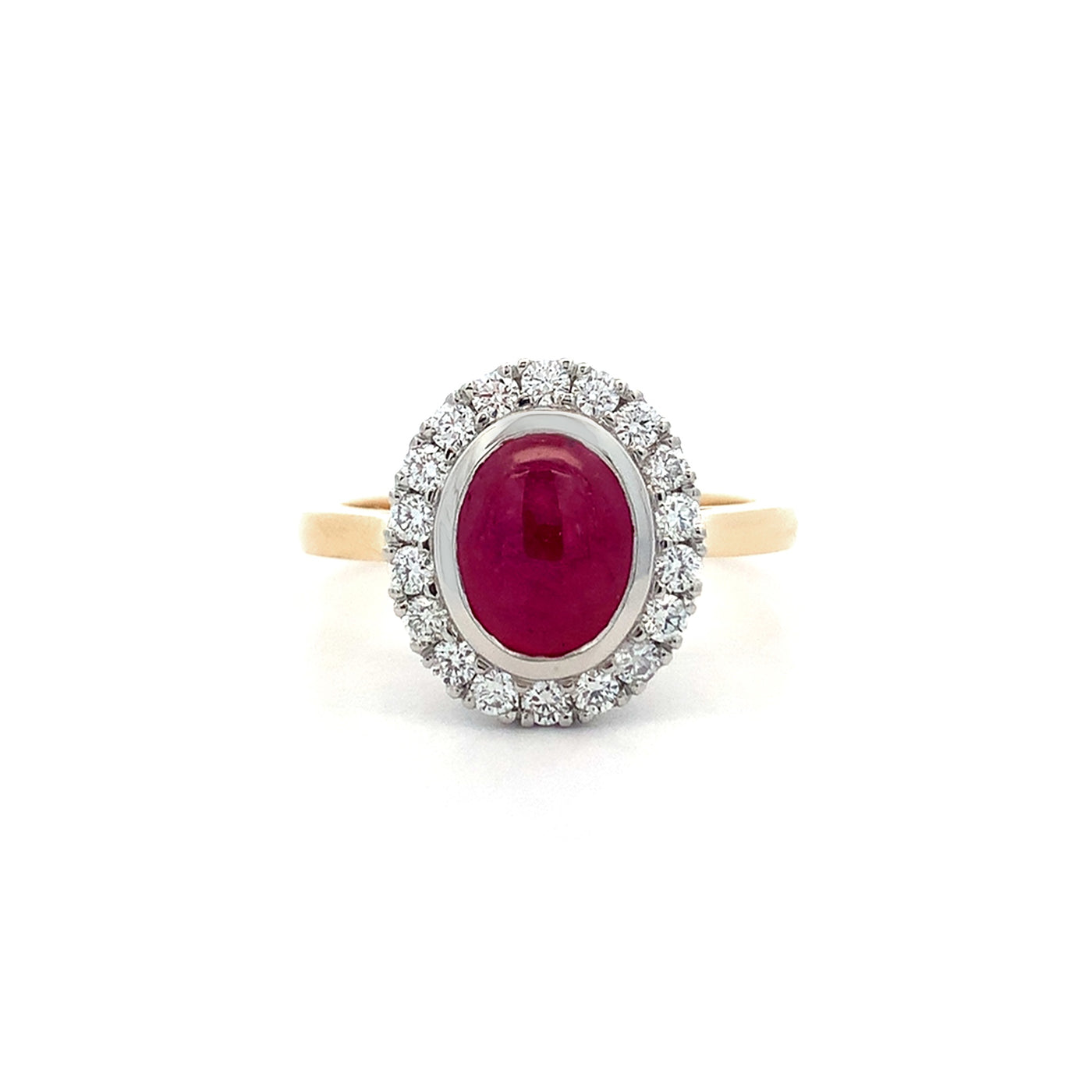 Cabochon Cut Ruby and Diamond Halo Ring in Yellow Gold | 2.26ctw