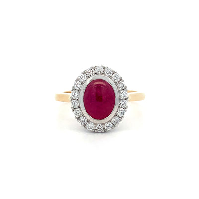 Cabochon Cut Ruby and Diamond Halo Ring in Yellow Gold | 2.26ctw