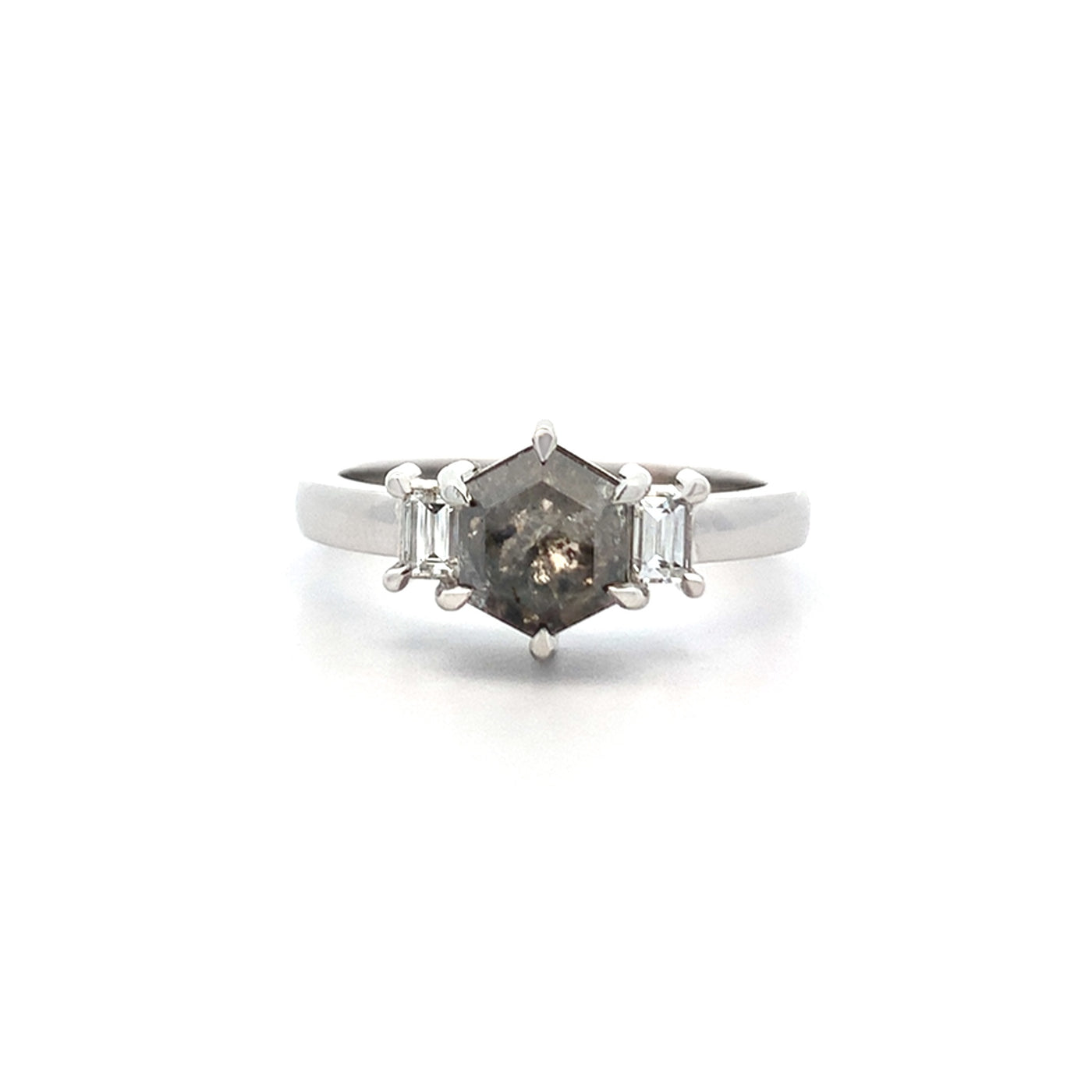 Salt and Pepper Hexagonal Diamond Three Stone Ring | 1.42ctw
