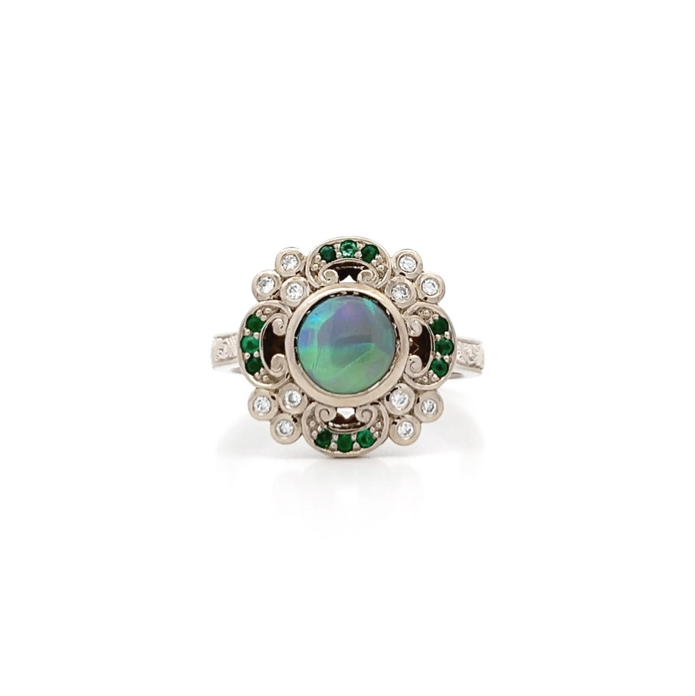 Opal, Diamond and Emerald Vintage Cluster Ring in White Gold | 0.12ctw