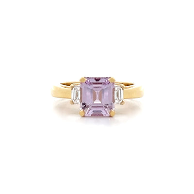 Pink Sapphire and Diamond Three Stone Ring in Yellow Gold | 3.09ctw
