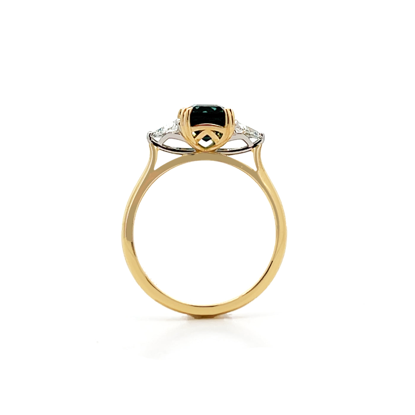 Tourmaline and Trilliant Cut Diamond Three Stone Ring in Yellow Gold | 2.39ctw
