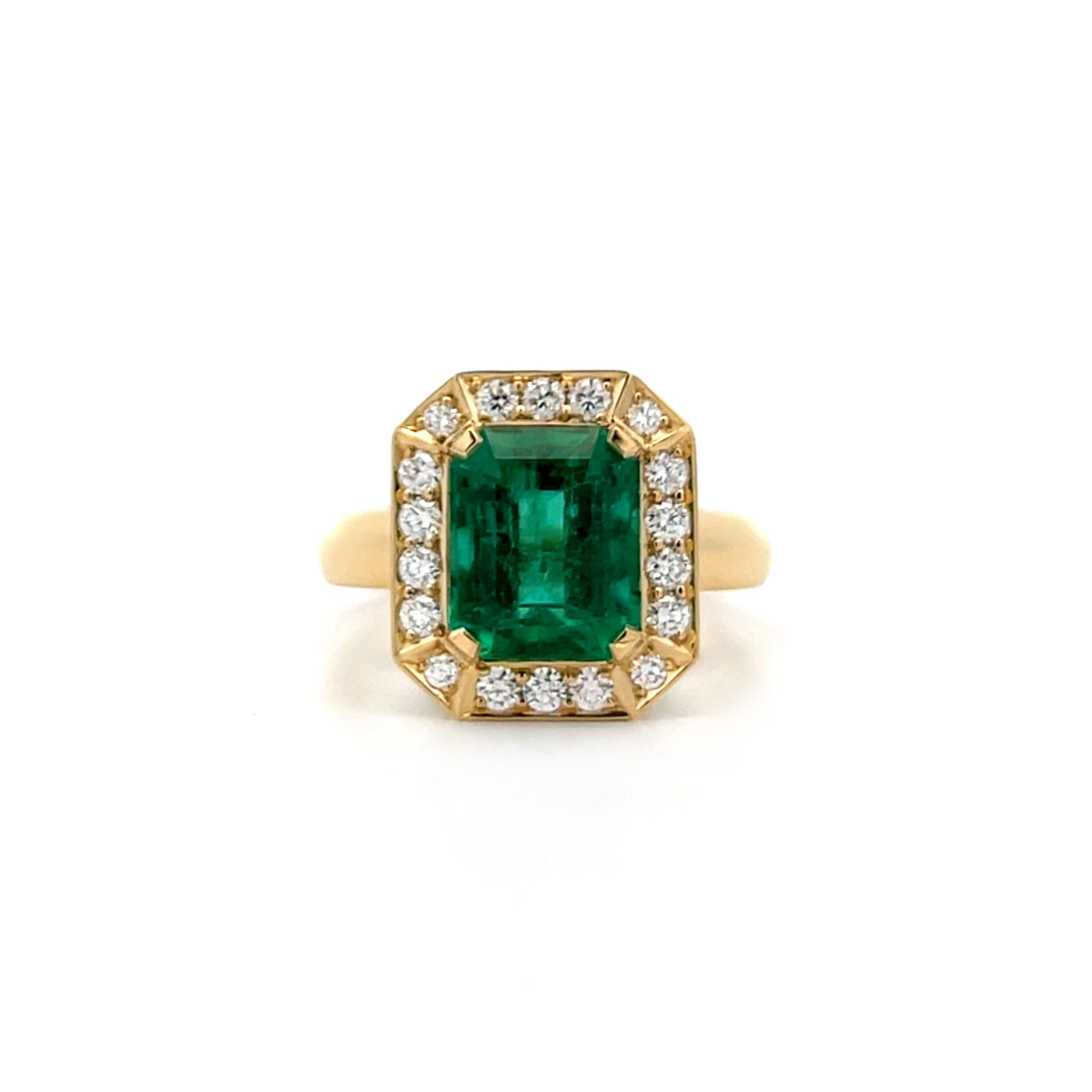 Emerald and Diamond Halo Ring in Yellow Gold | 3.90ctw