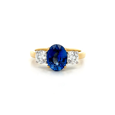 Ceylon Blue Sapphire and Diamond Three Stone Ring in Yellow Gold | 3.16ctw
