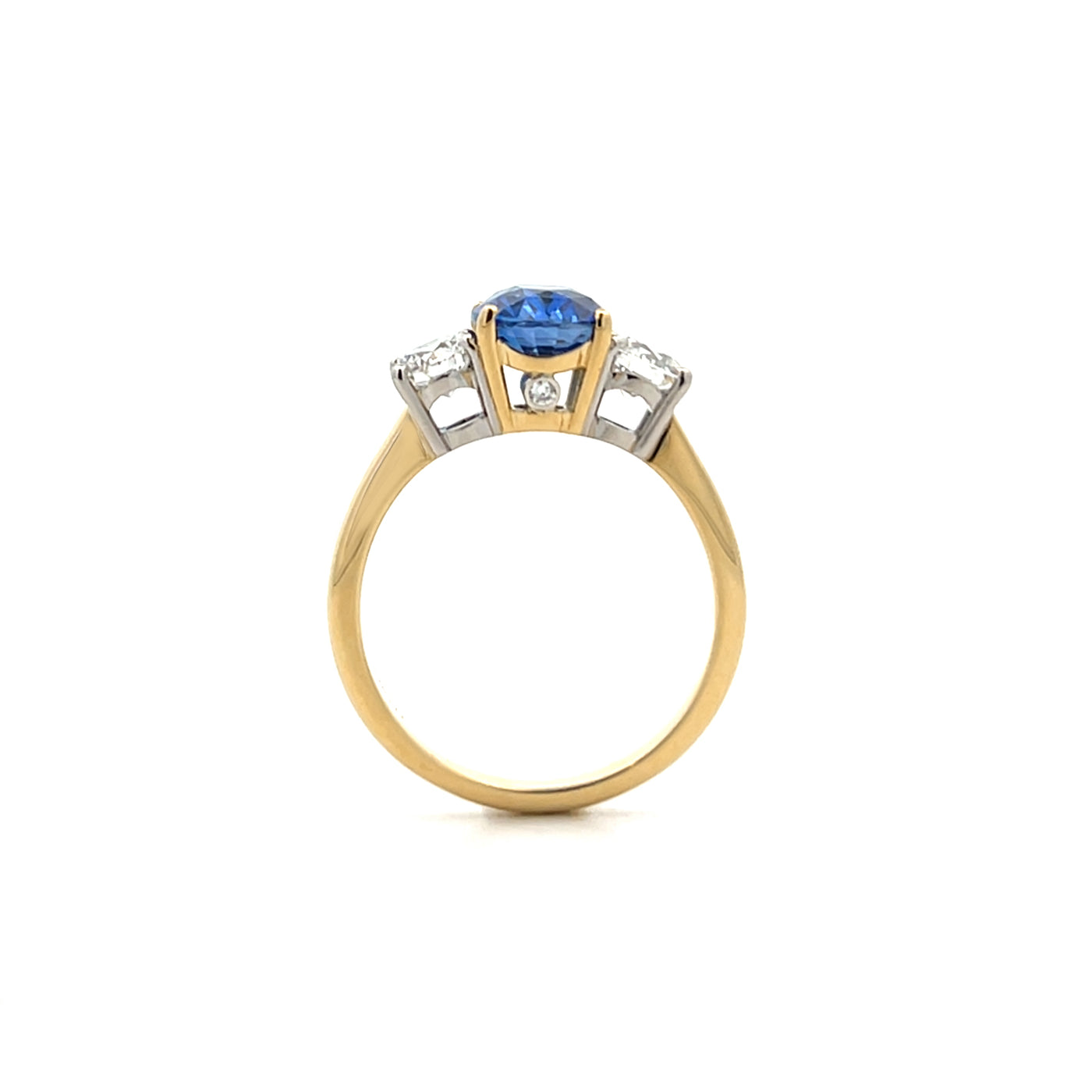 Ceylon Blue Sapphire and Diamond Three Stone Ring in Yellow Gold | 3.16ctw
