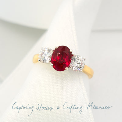 Enchant: Ruby and Diamond Three Stone Ring in Yellow Gold | 2.59ctw
