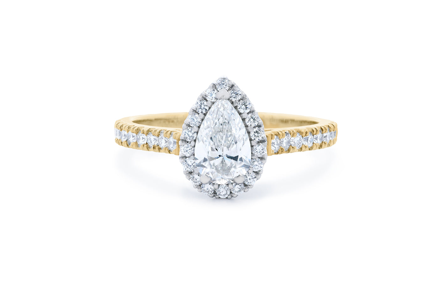 Adorn: Pear Cut Diamond Halo Ring in yellow gold and platinum