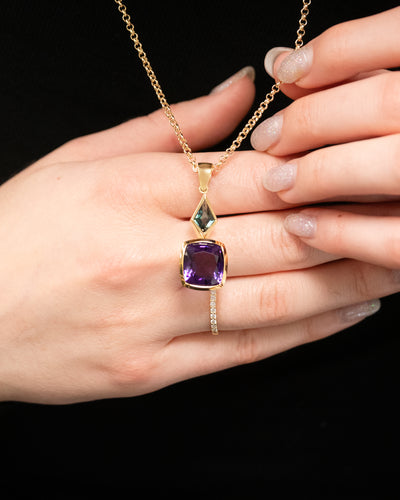Sapphire and Amethyst Drop Pendant in Yellow Gold | 12.83ctw
