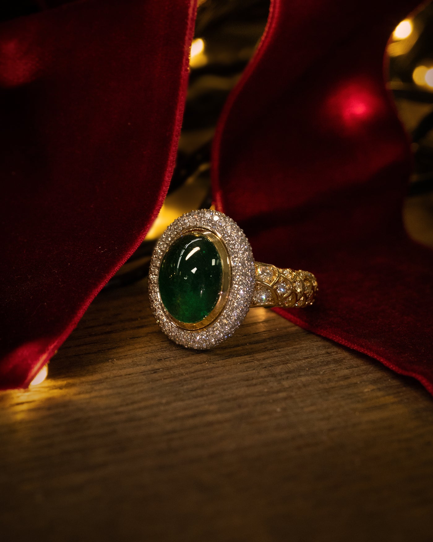 Cleo: Zambian Emerald and Diamond Halo Ring with Diamond Detailed Shoulders in Yellow Gold | 8.30ct
