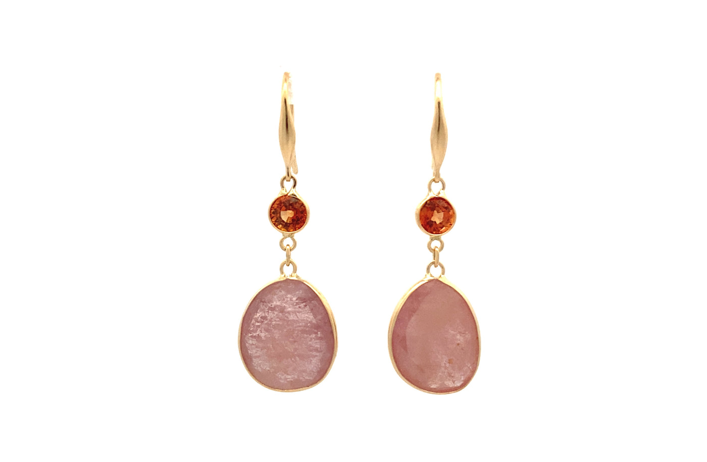 Pink and Orange Two Stone Sapphire Drop Earrings in Yellow Gold