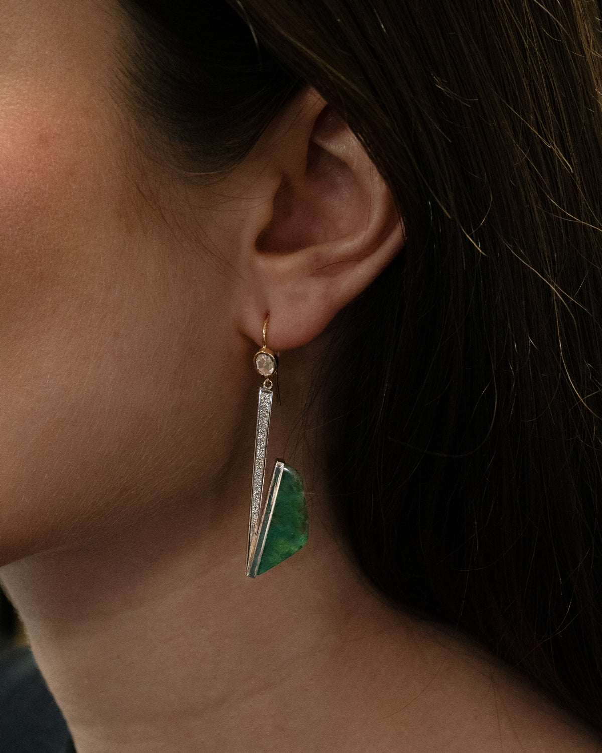 Emerald and Diamond Deco Style Drop Earrings in Yellow Gold